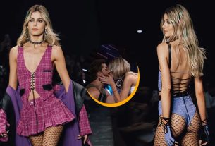 Camila Queiroz desfila no SPFW, tasca beijão em Klebber Toledo e ator 'tieta' da plateia — Foto: Fabiano Battaglin/gshow