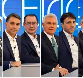 Lula, Flávio Bolsonaro, Augusto Cury, Ronaldo Caiado, Renan Santos e Romeu Zema — Foto: Globo