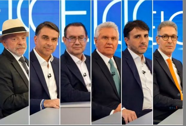 Lula, Flávio Bolsonaro, Augusto Cury, Ronaldo Caiado, Renan Santos e Romeu Zema — Foto: Globo