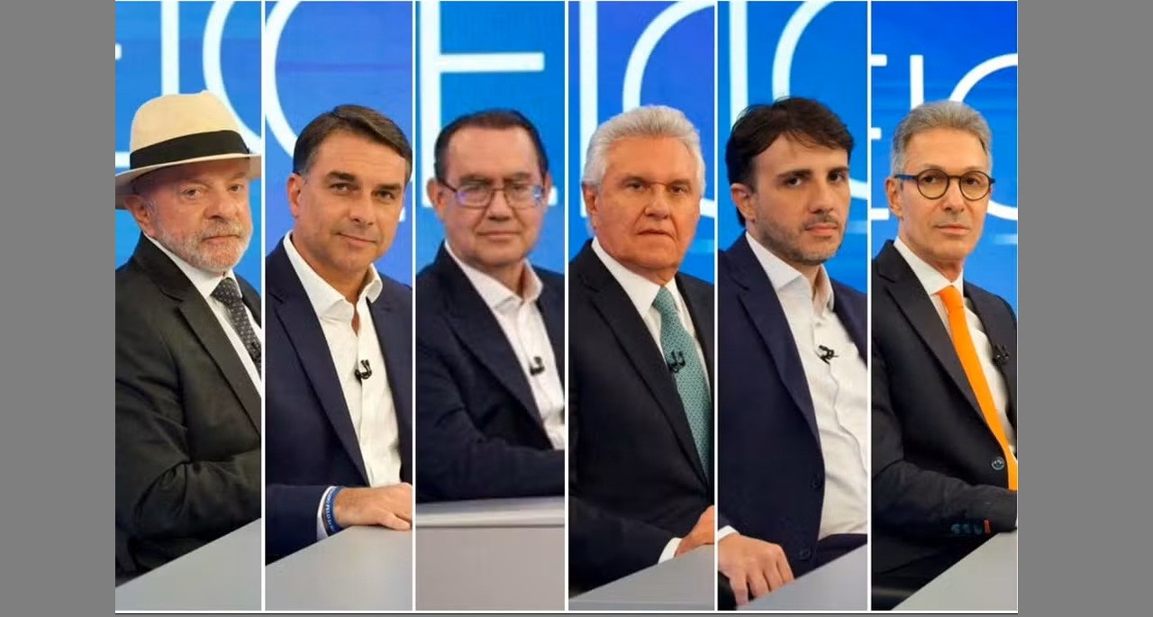Lula, Flávio Bolsonaro, Augusto Cury, Ronaldo Caiado, Renan Santos e Romeu Zema — Foto: Globo